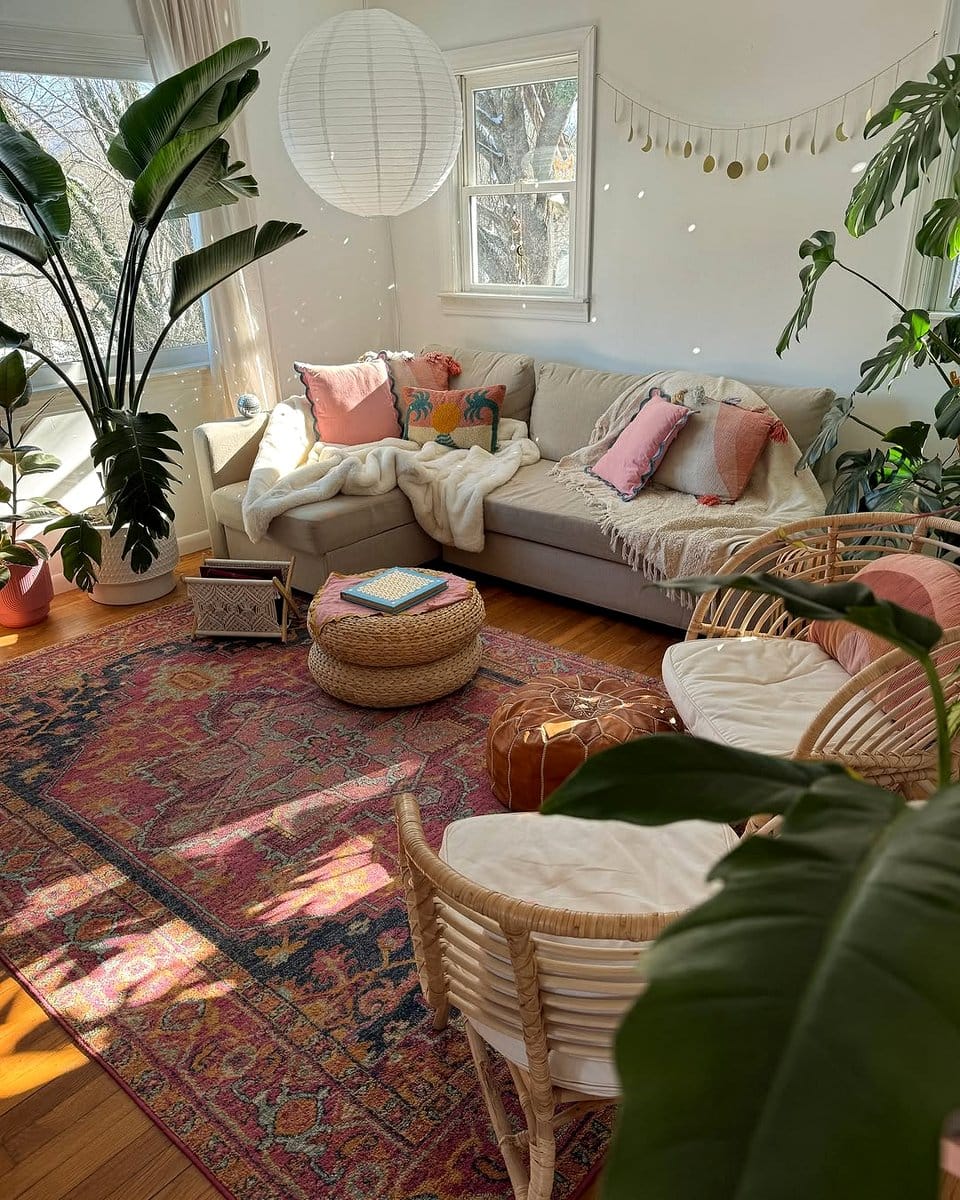 bohemian plant chandelier in bedroom