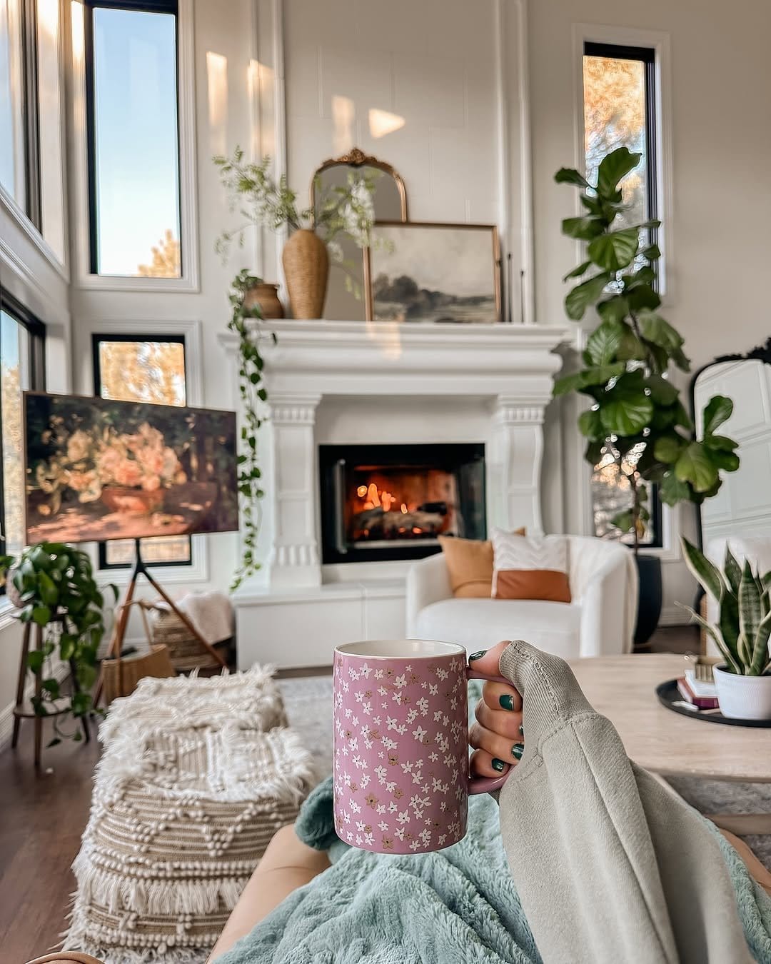 Large fiddle leaf fig beside rustic fireplace