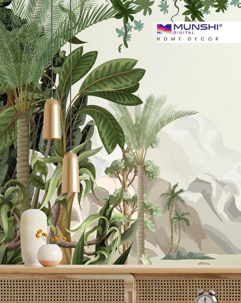 Bold feature wall with citrus-themed wallpaper