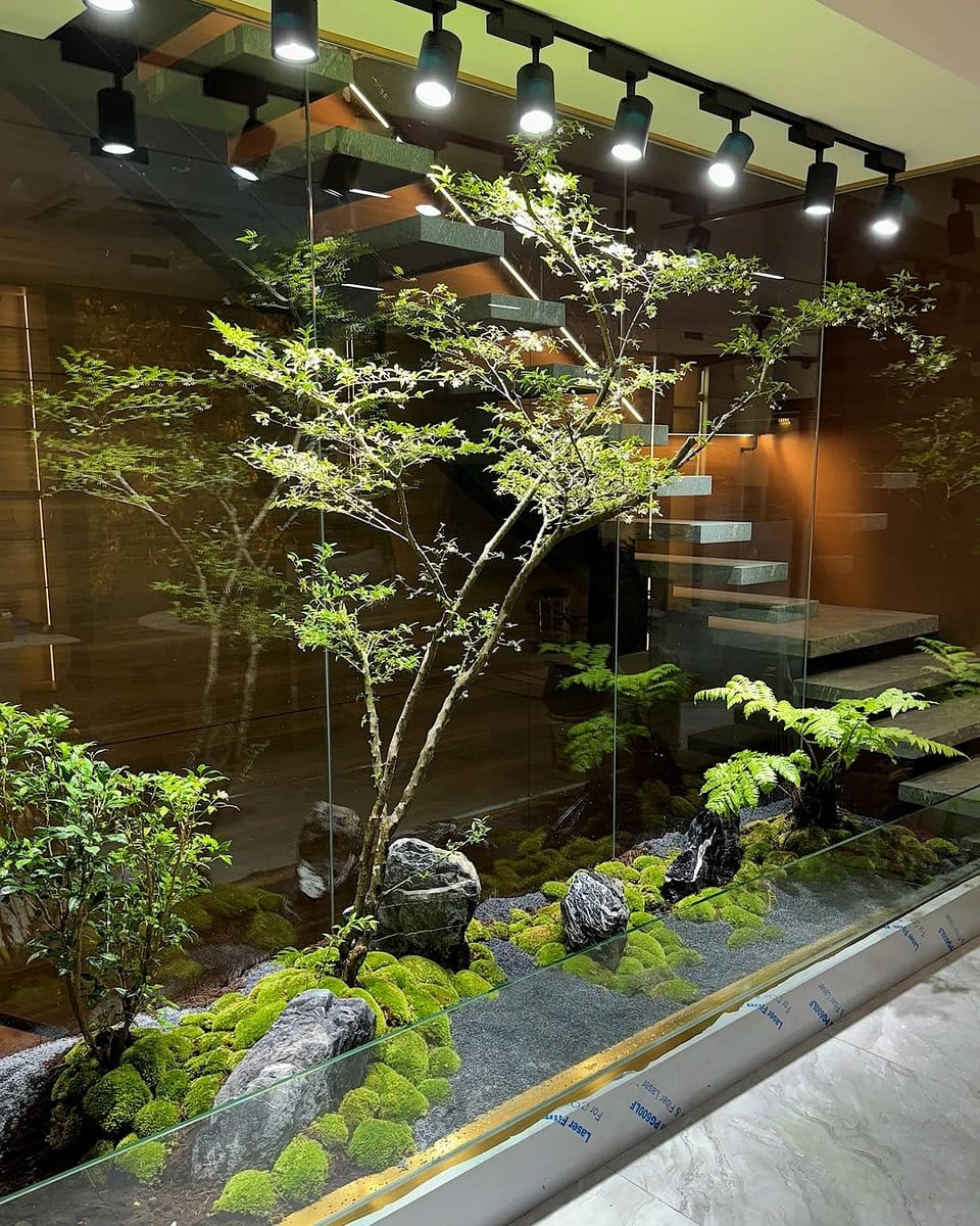 Zen garden with driftwood and lichen accents