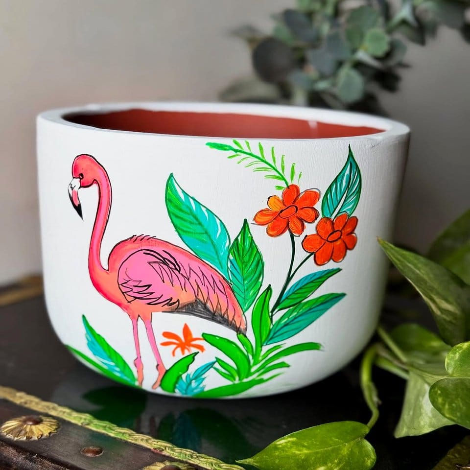 Folk art plant pot with bohemian floral patterns
