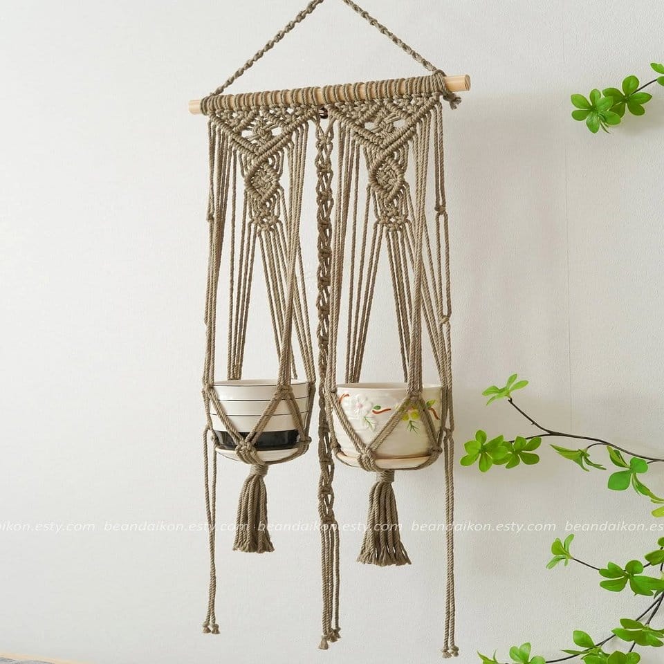 Intricate macramé plant hanger with Rasta beads