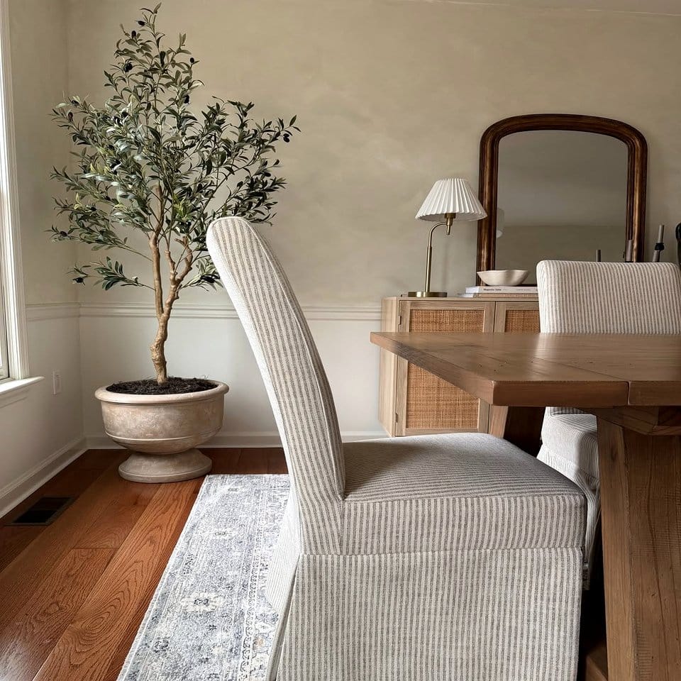 Comfy chair beside olive tree in woven basket