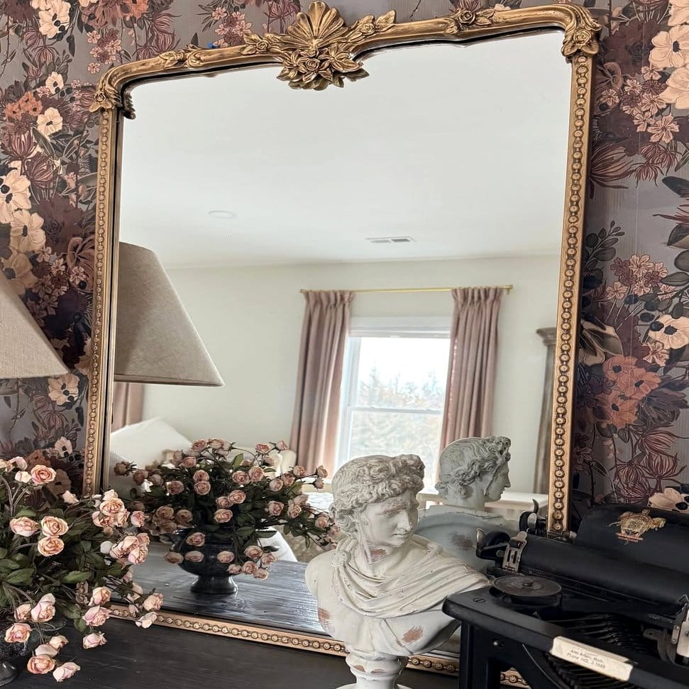 Vintage mirror reflecting mossy setup