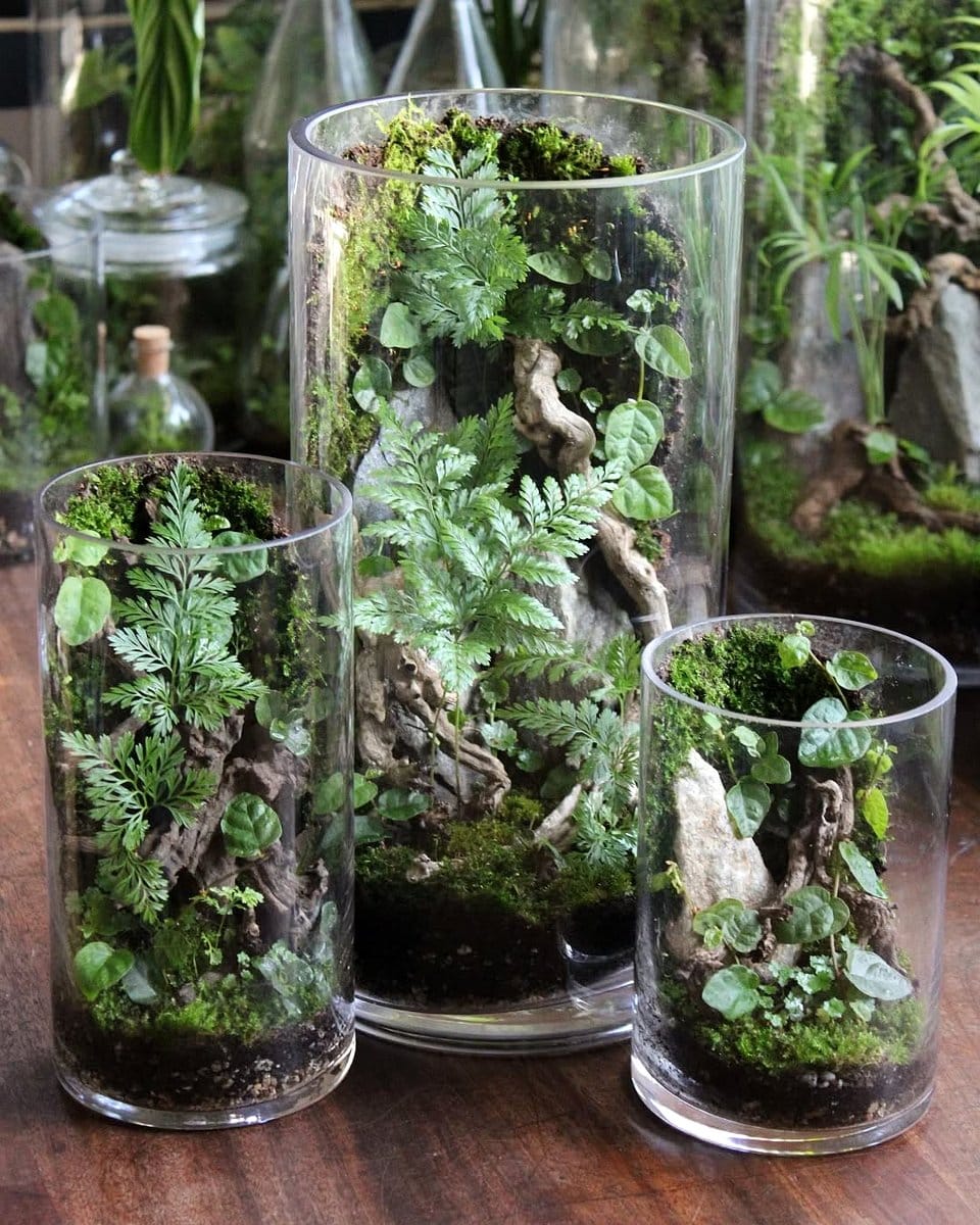 nature-inspired terrarium with wall-mounted test tubes