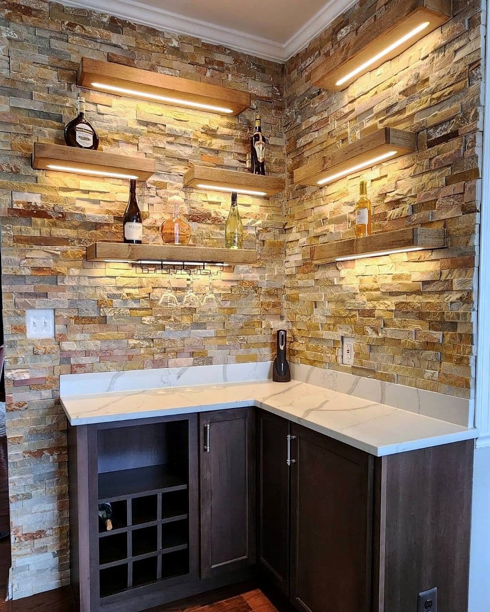 Elegant minimalist home bar with open shelving
