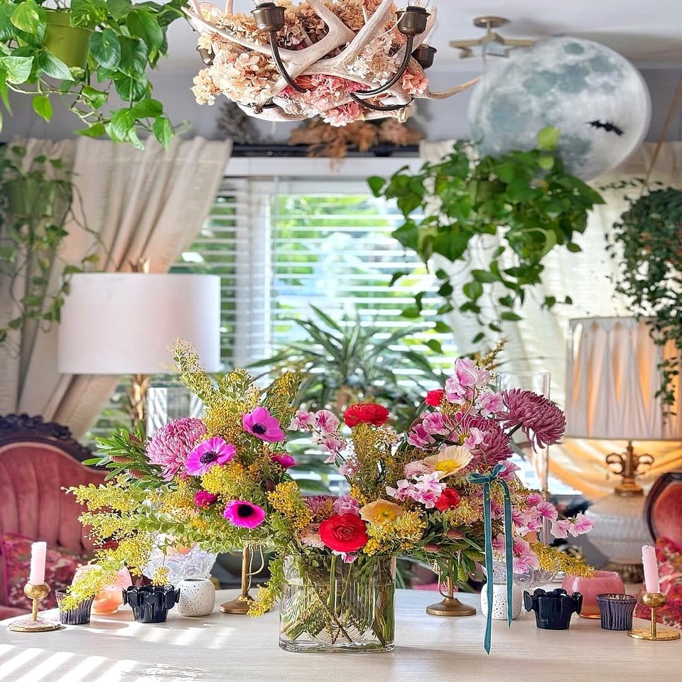 Elegant dining room with macramé plant centerpieces