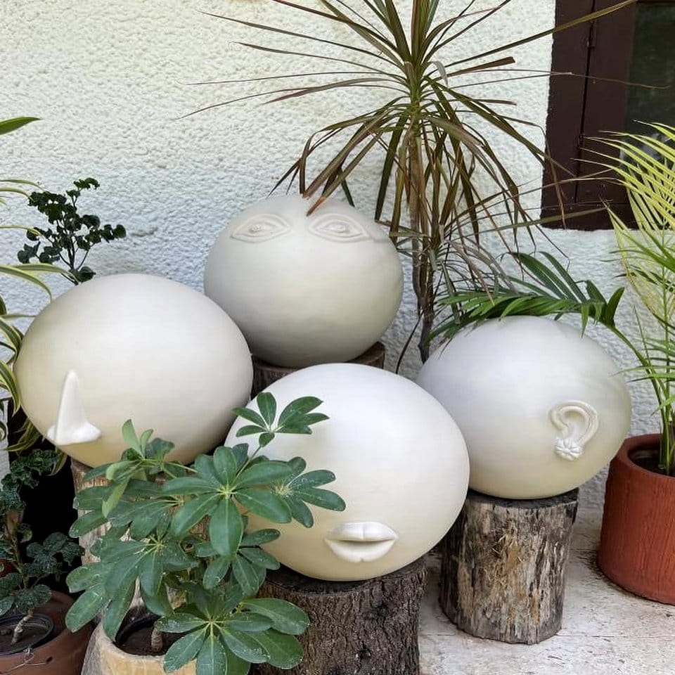 Artisanal pottery with lava lamp accent