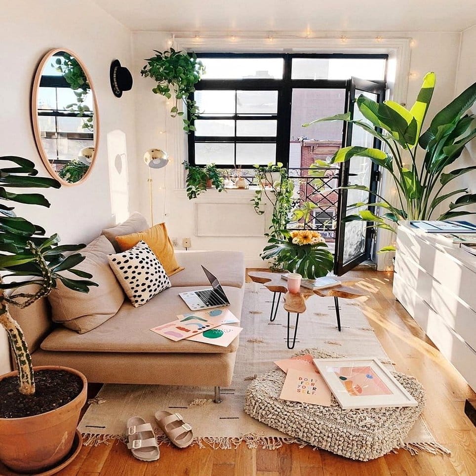 Cozy tapestry floor cushion plant setup