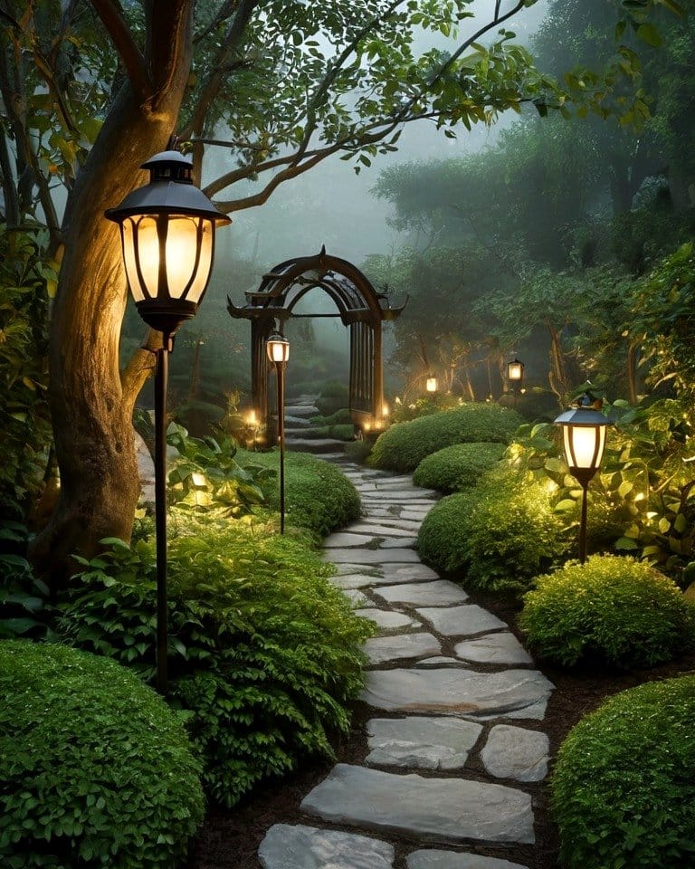 lantern illuminating outdoor plants