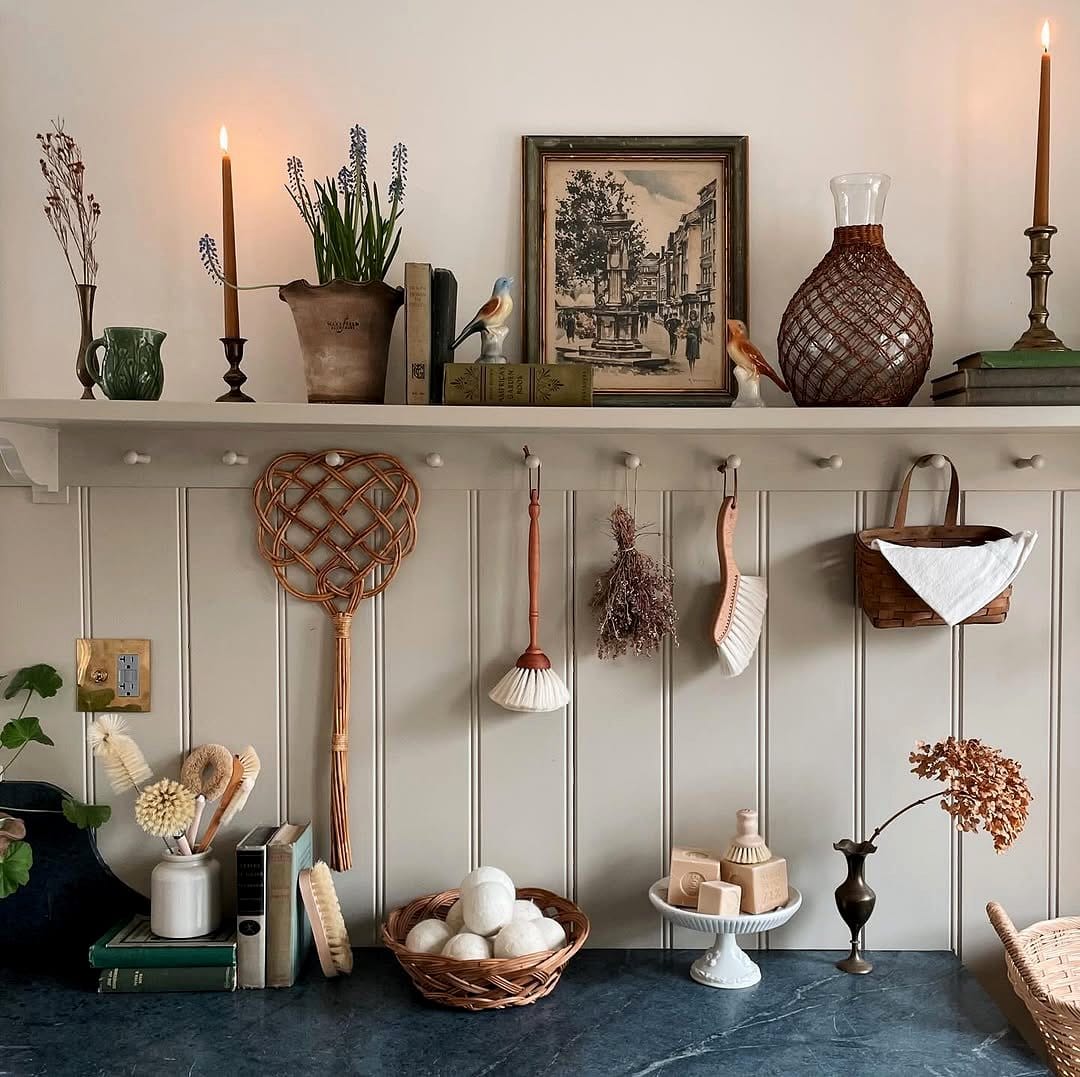 heirloom pot on gallery wall shelf