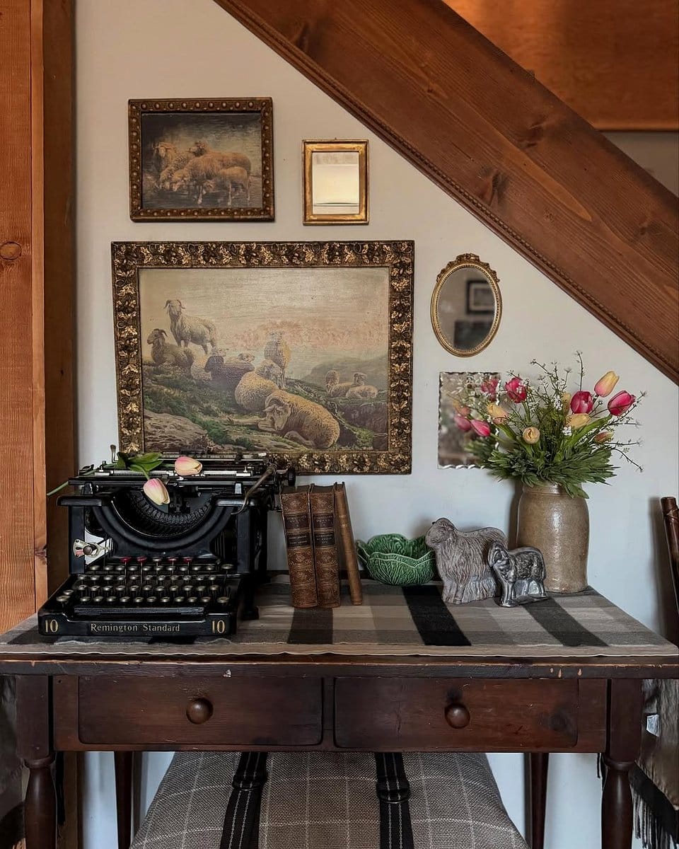 typewriter with begonias in corner