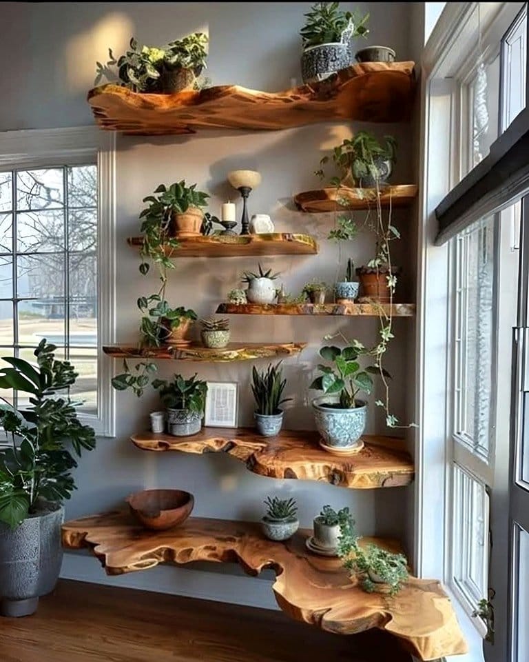 Wooden shelves with Mayan glyph engravings