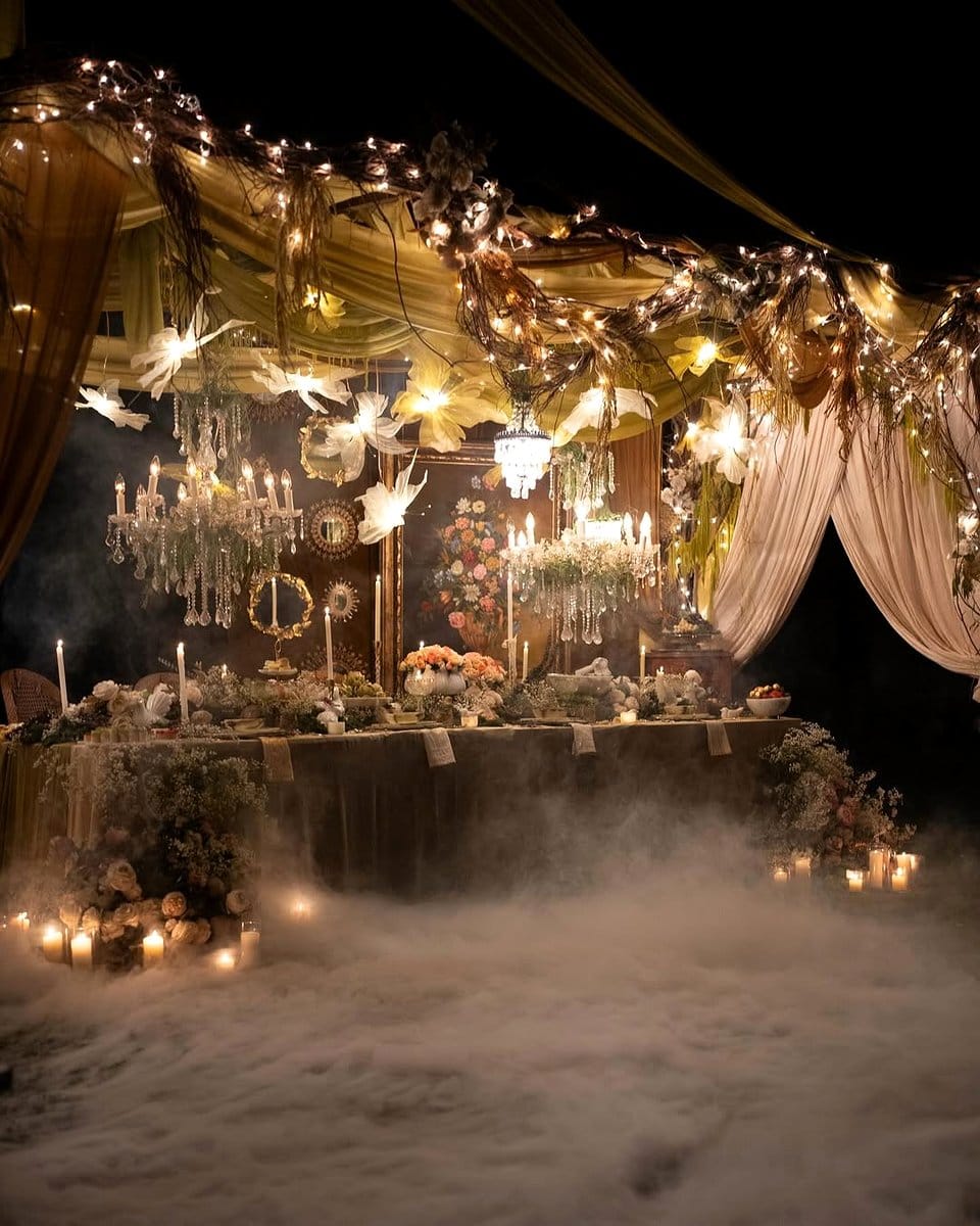 fairy light chandelier with moss