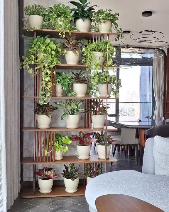 White and wood room divider with plants