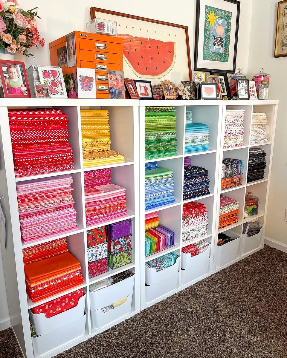 colorful fabric storage bins on shelves