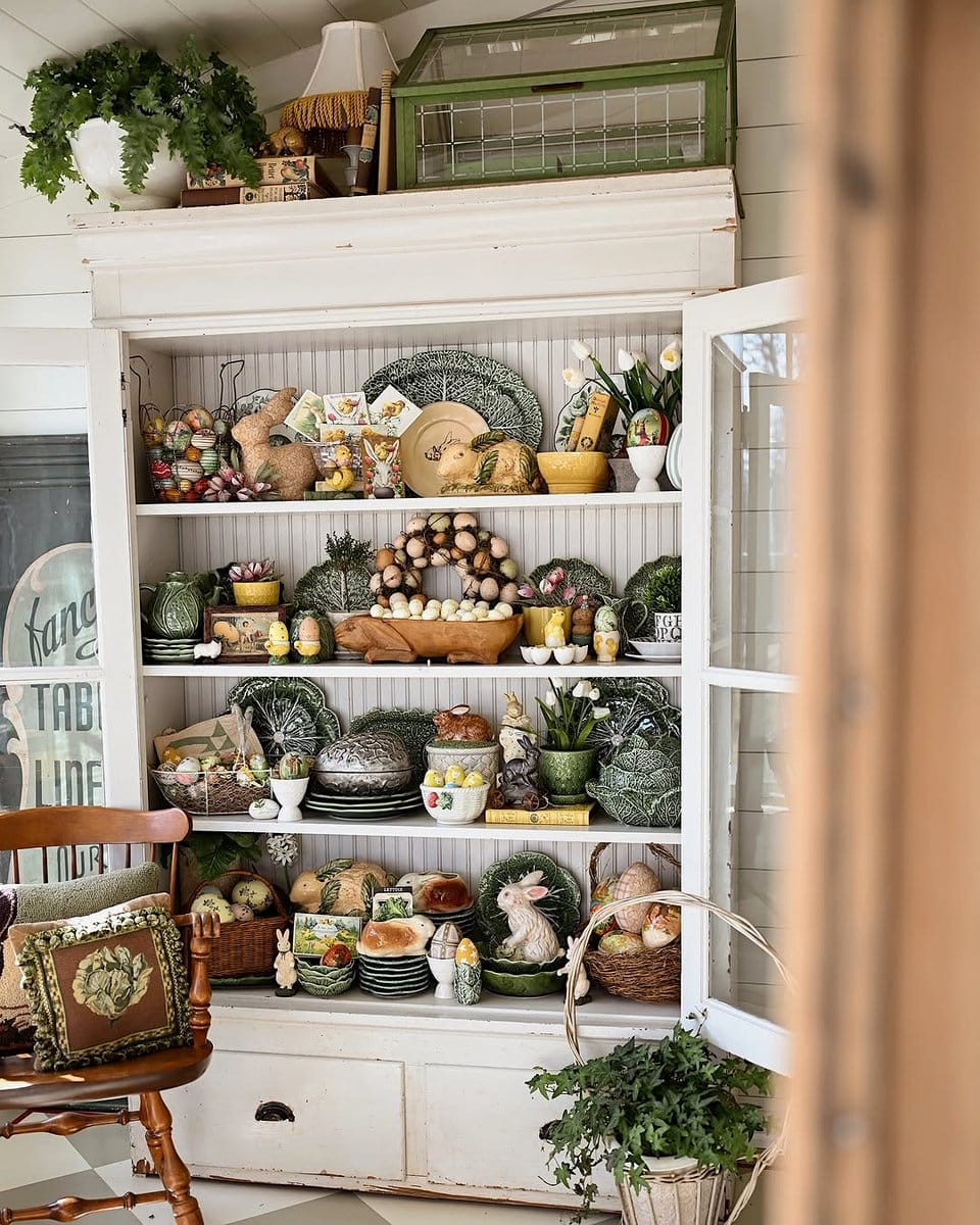 hutch with brightly painted plant pots