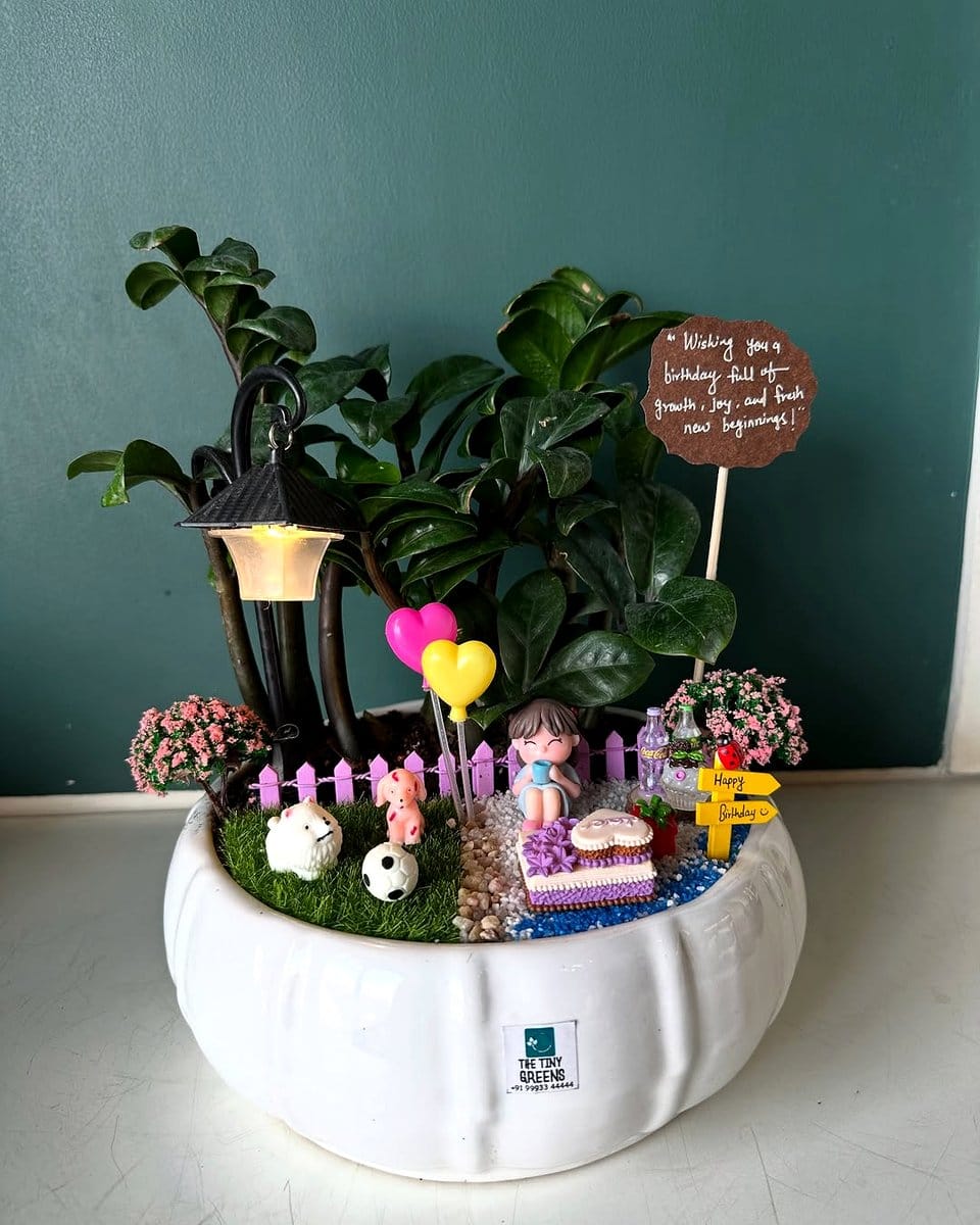 fairy garden-themed cable spool table with miniatures
