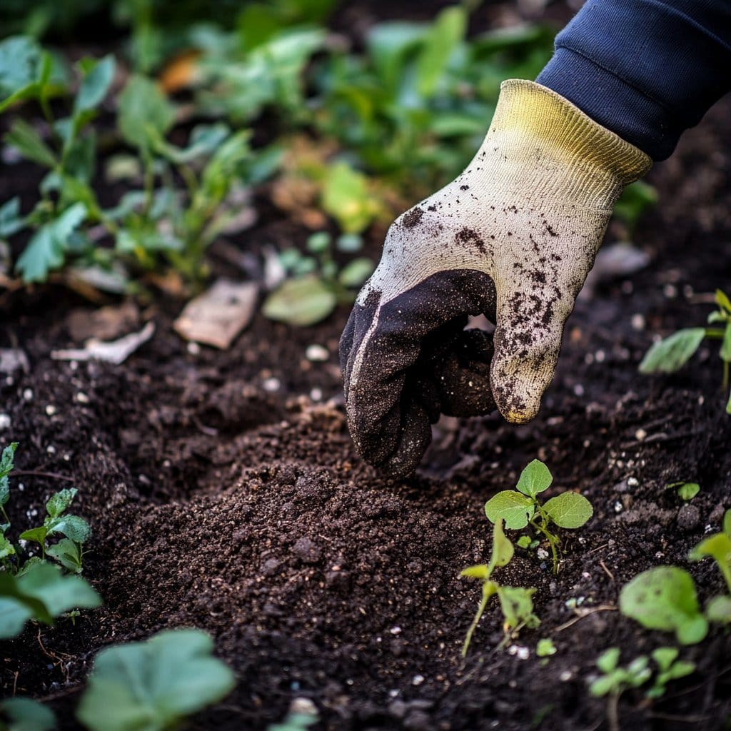 hand applying plant fertilizer