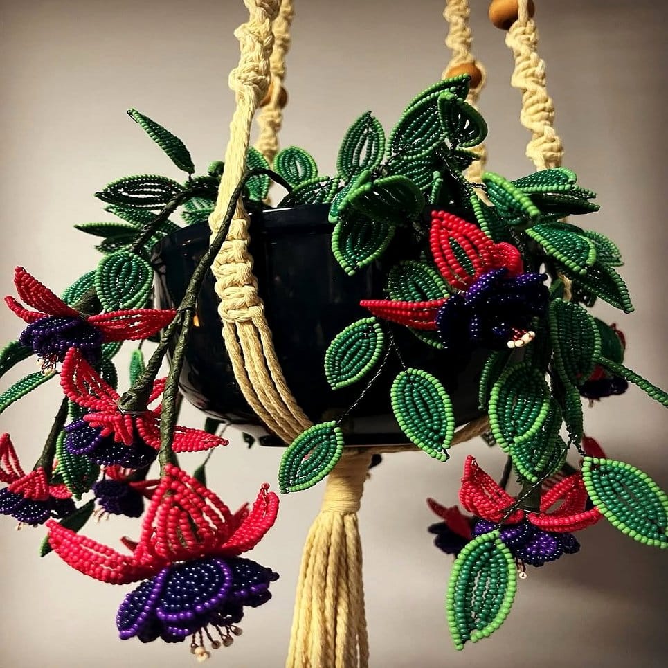 Hanging chandelier with velvet ribbon and plants