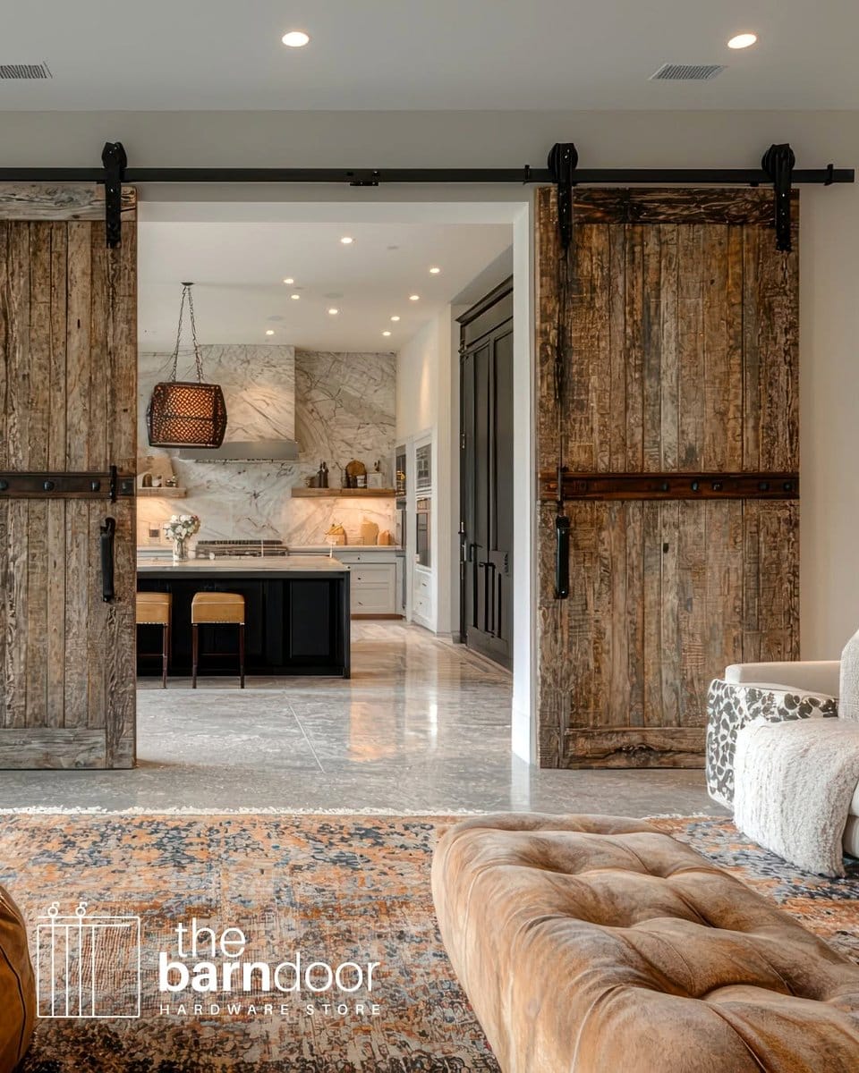 Sliding barn door in rustic bedroom