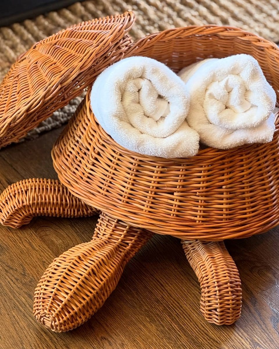 woven basket holding rolled towels