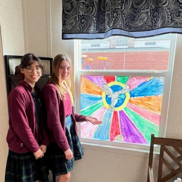 stained glass window casting colorful shadows