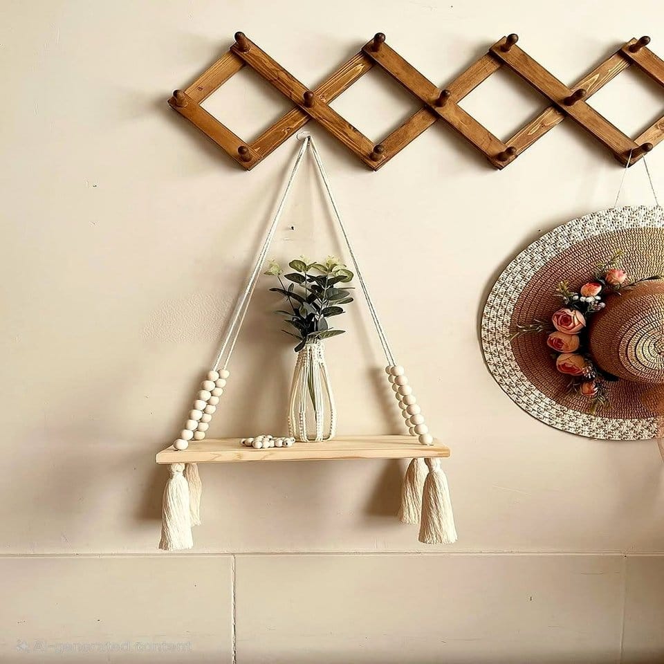 Wooden shelves with rope suspension and plants