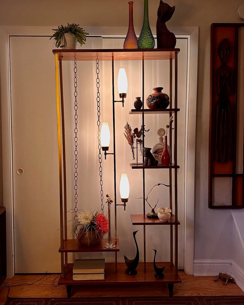 vintage leather plant sleeve on retro bookshelf