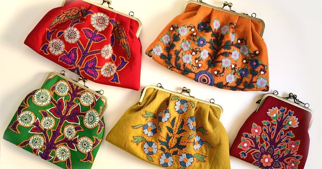 embroidered fabric pouches with intricate patterns