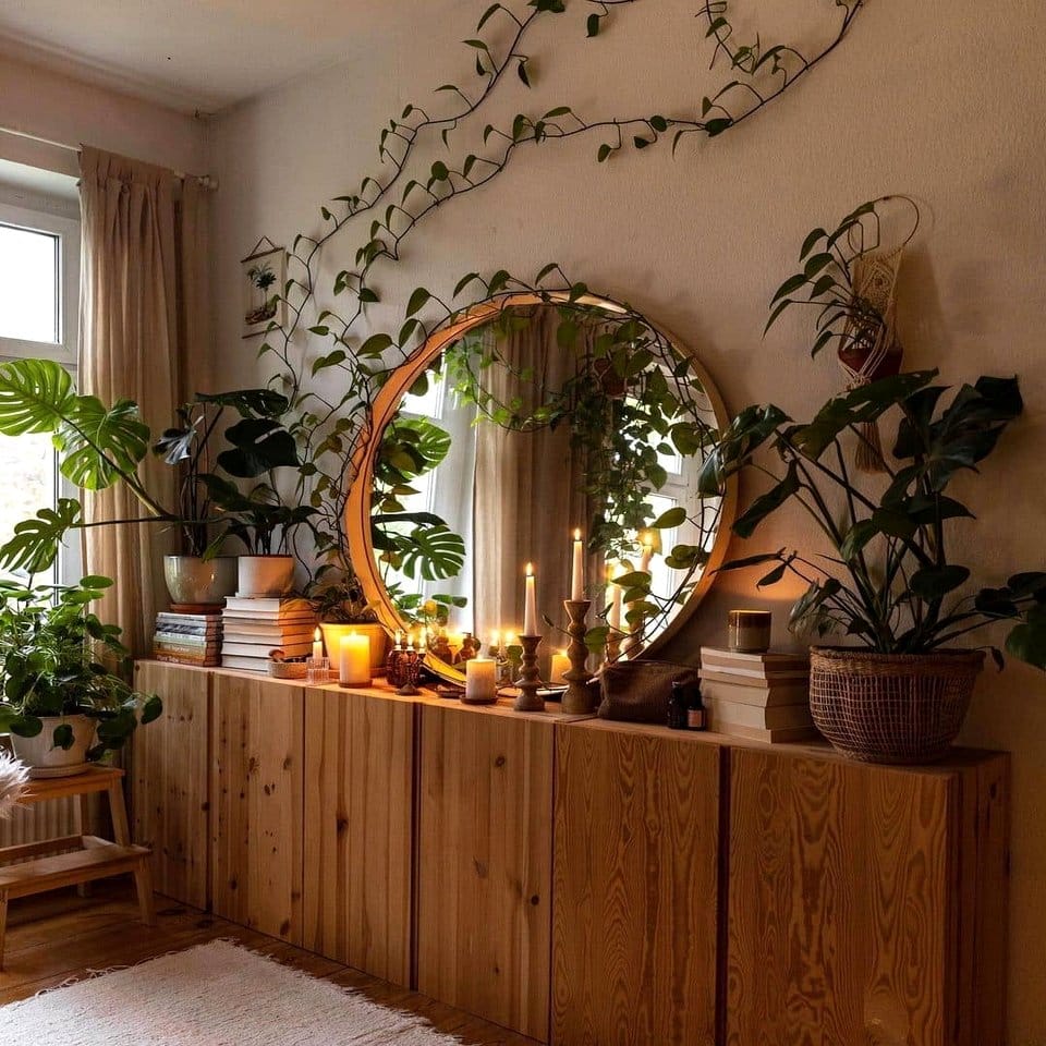 Decorative reflective pond mirror with plants