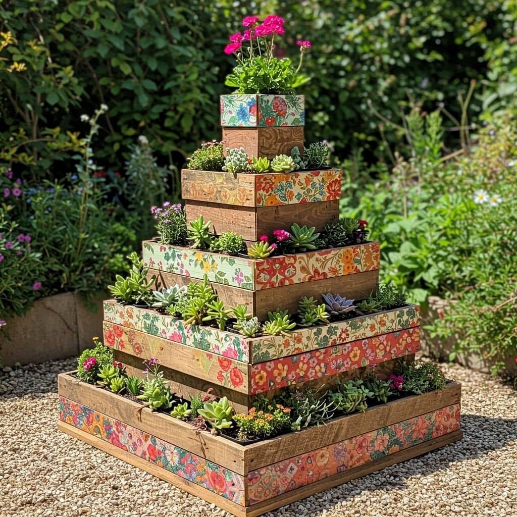 Creative pallet wood crate garden bed in backyard