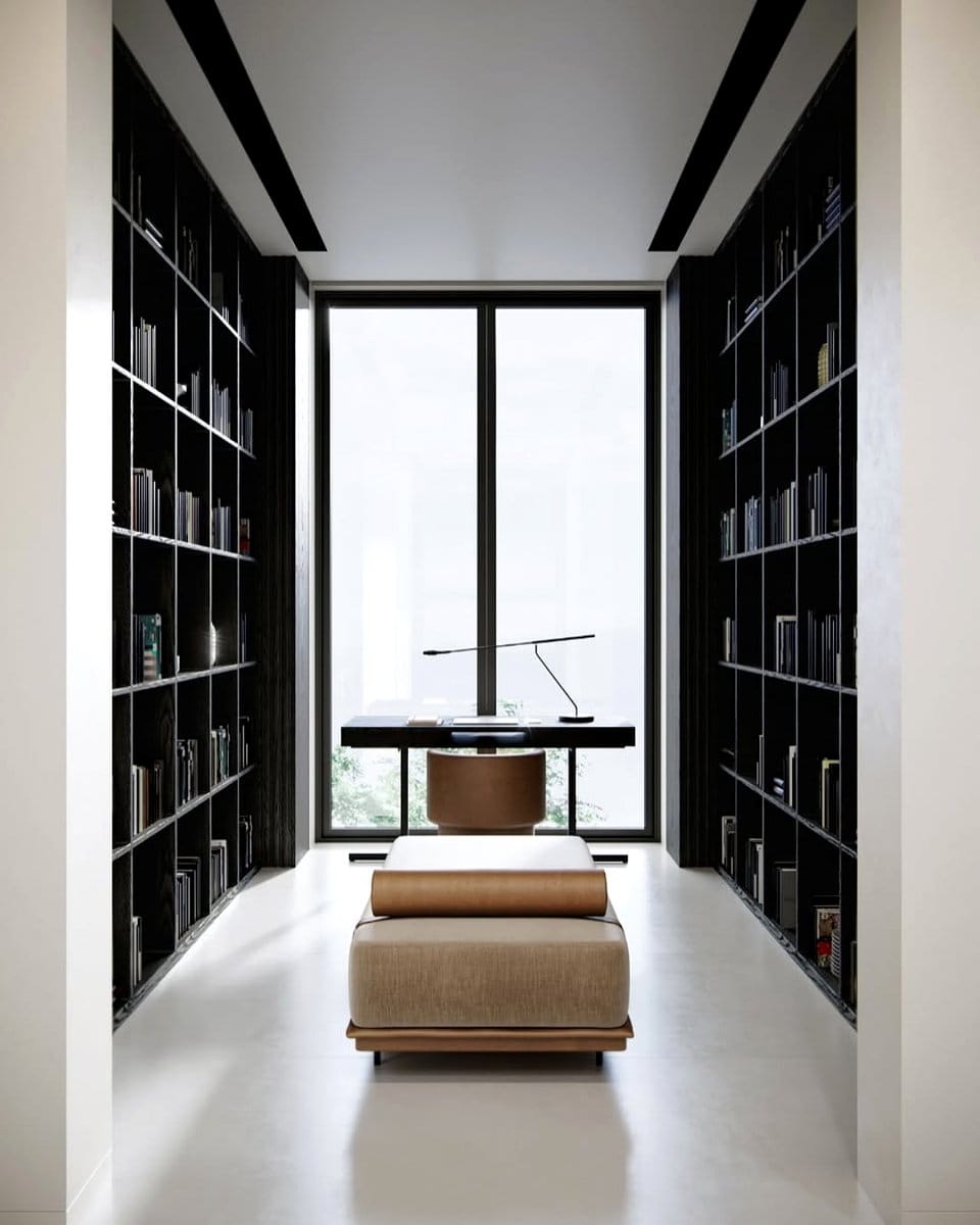 floor-to-ceiling bookshelf in study