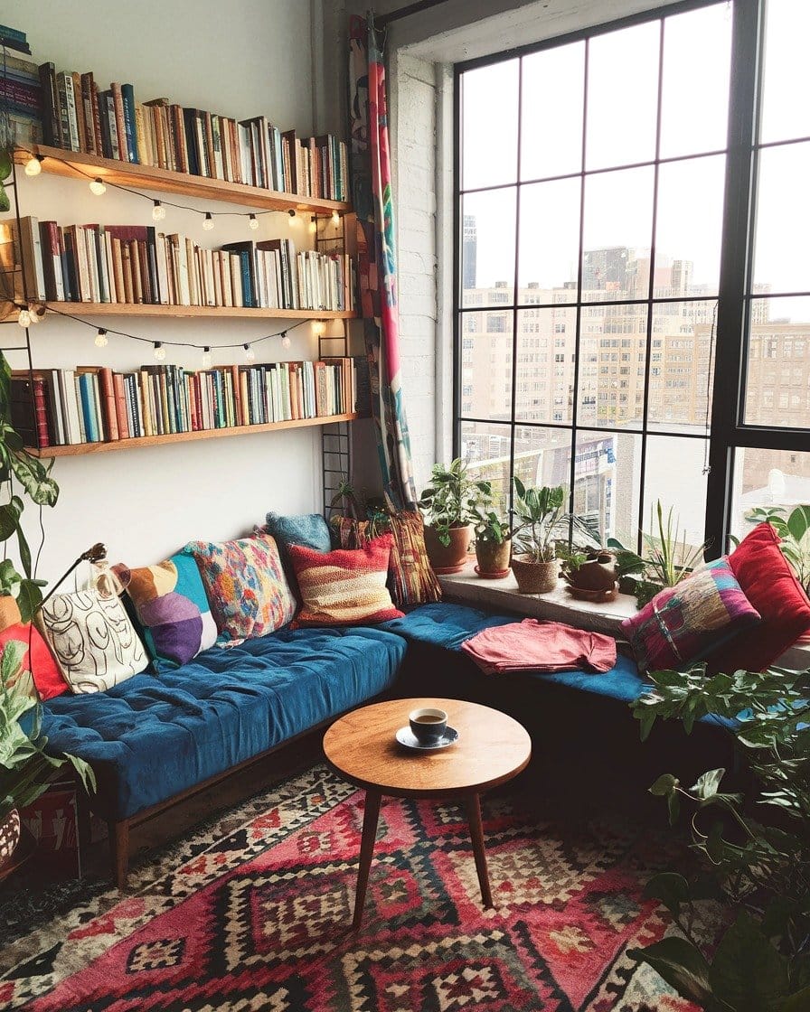 Cozy reading nook with Ethiopian coffee plants and plush seating
