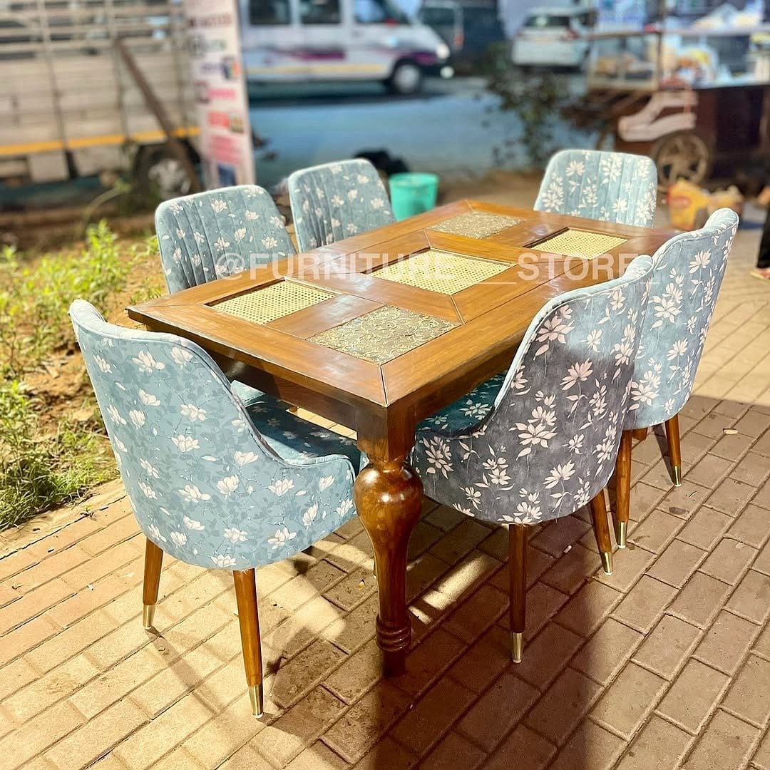 dining table with woodblock plant centerpiece
