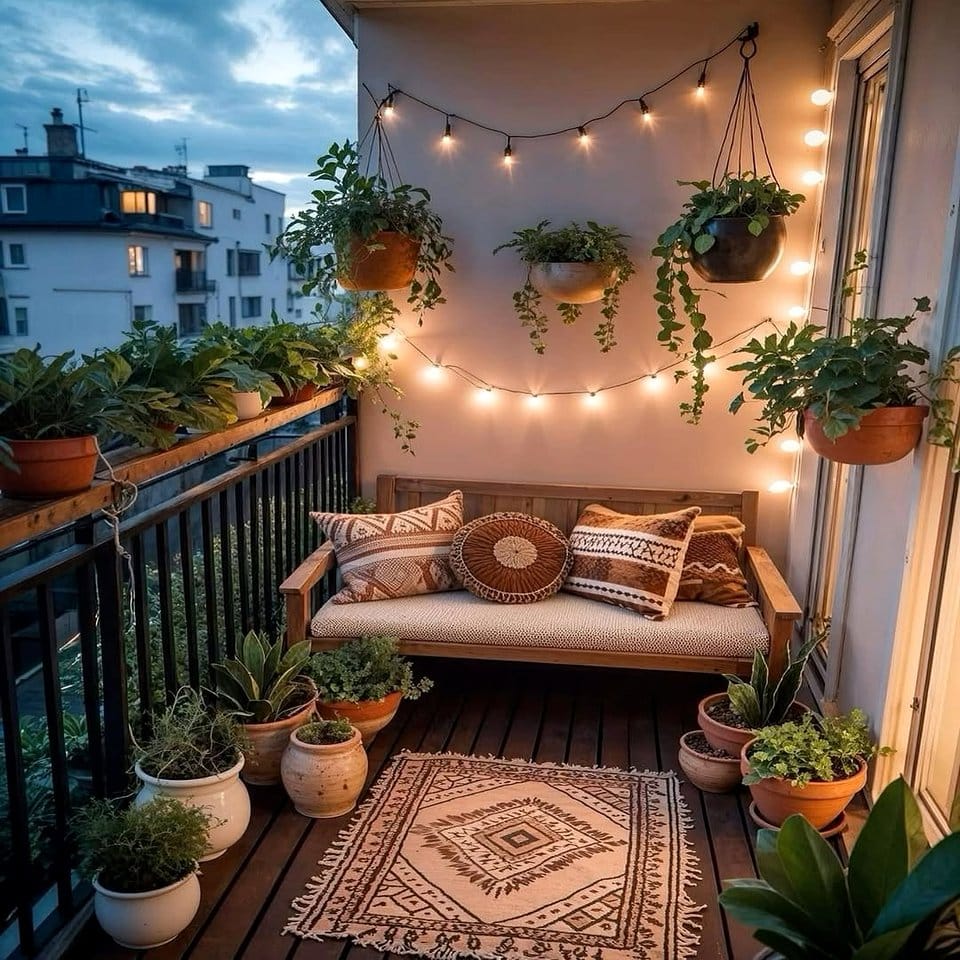 Boho chic plant stand with flannel-wrapped pots