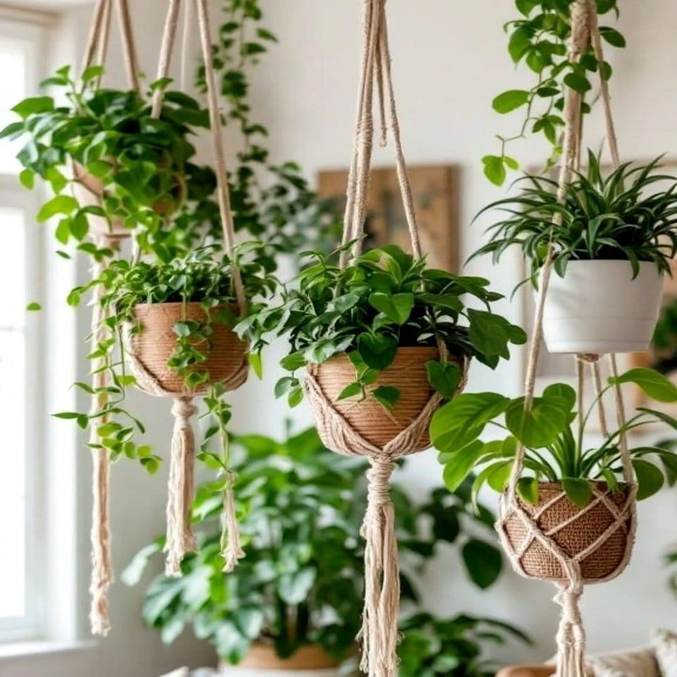 Macramé plant hangers on a sunny patio