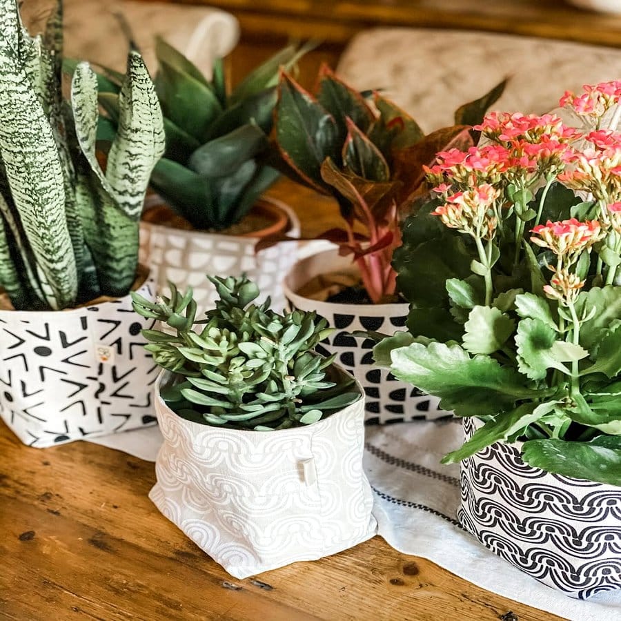 Upcycled fabric quilted plant pot cover