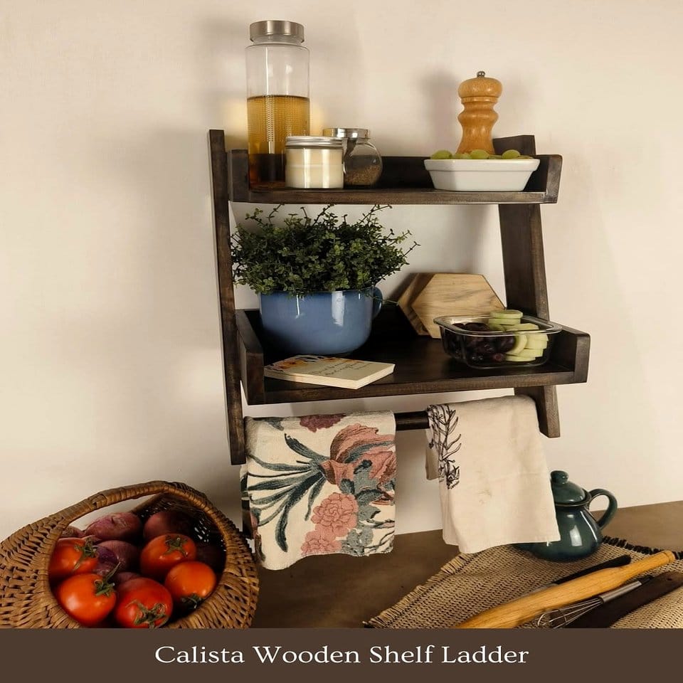 Rustic wooden herb ladder with potted plants