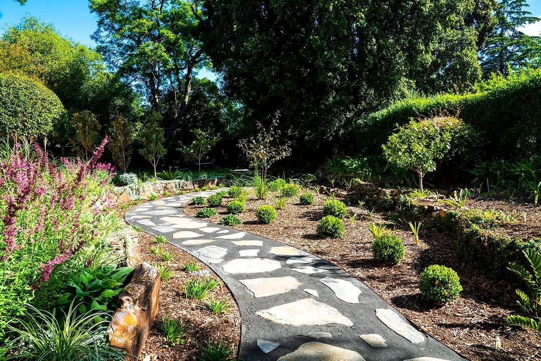 garden pathway with floating plants