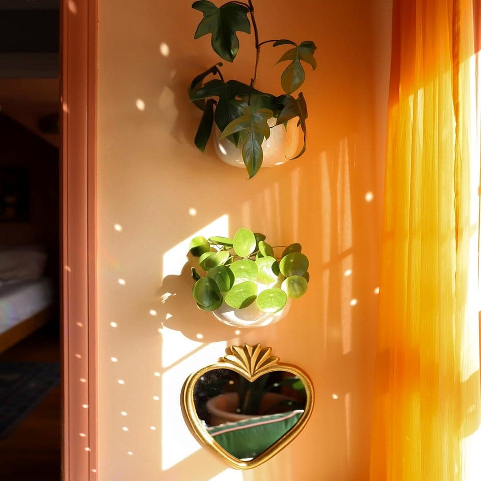 Windowsill with retro lava lamp and potted plants