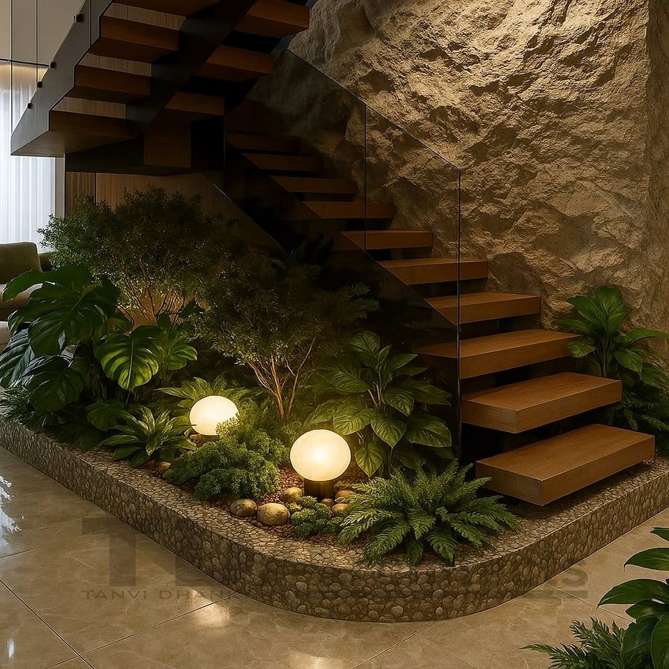 Modern staircase with glowing moss railings