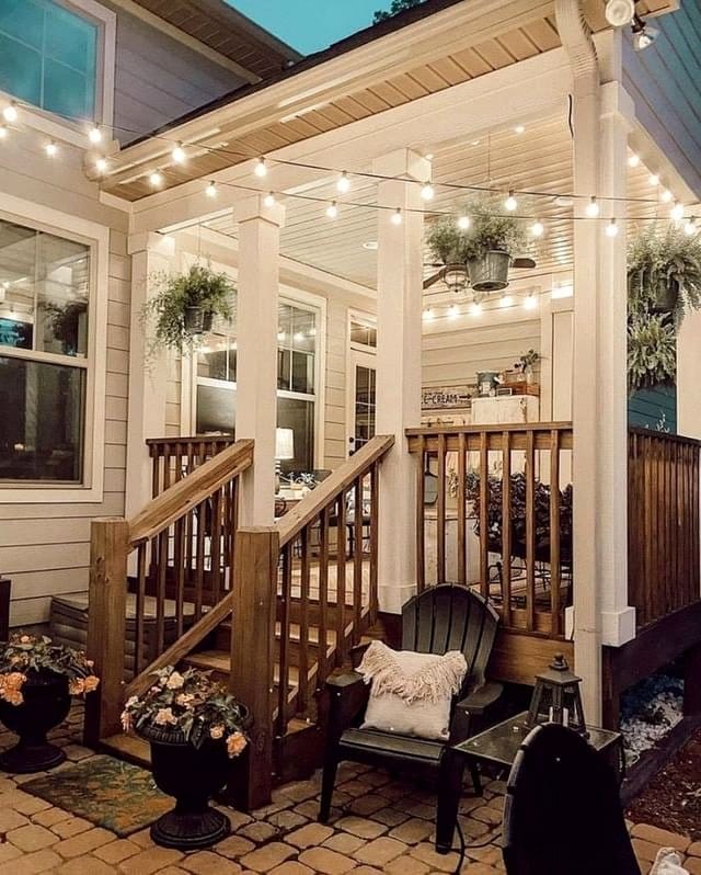 Vintage lanterns on rustic porch
