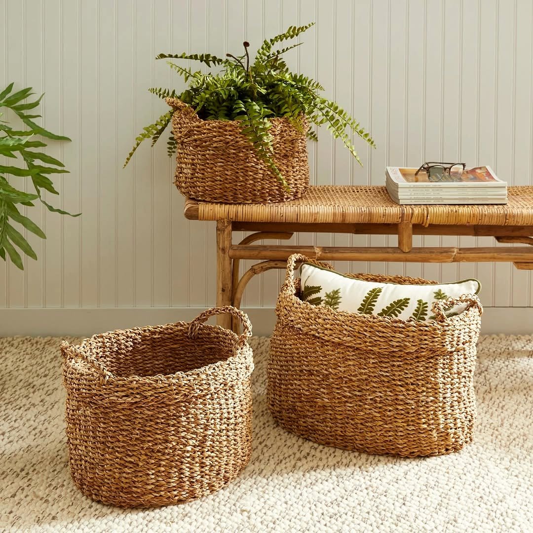 Natural woven seagrass plant baskets