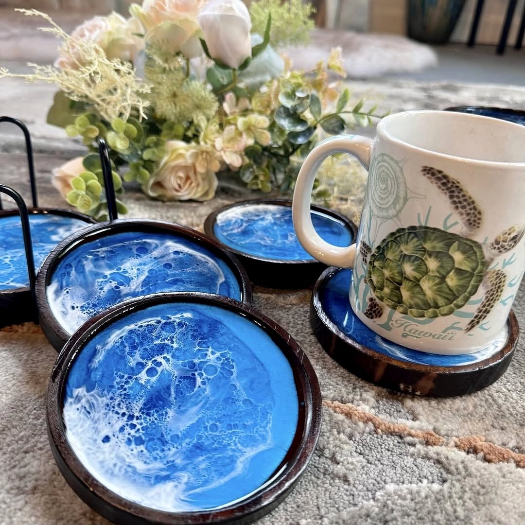 watercolor tropical coasters on coffee table