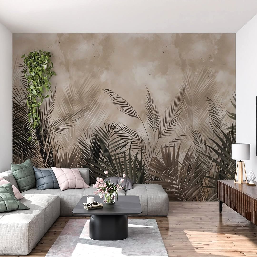 tropical leaf wallpaper in living room
