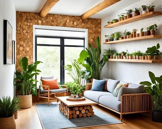 living room wall with reclaimed wood and plants