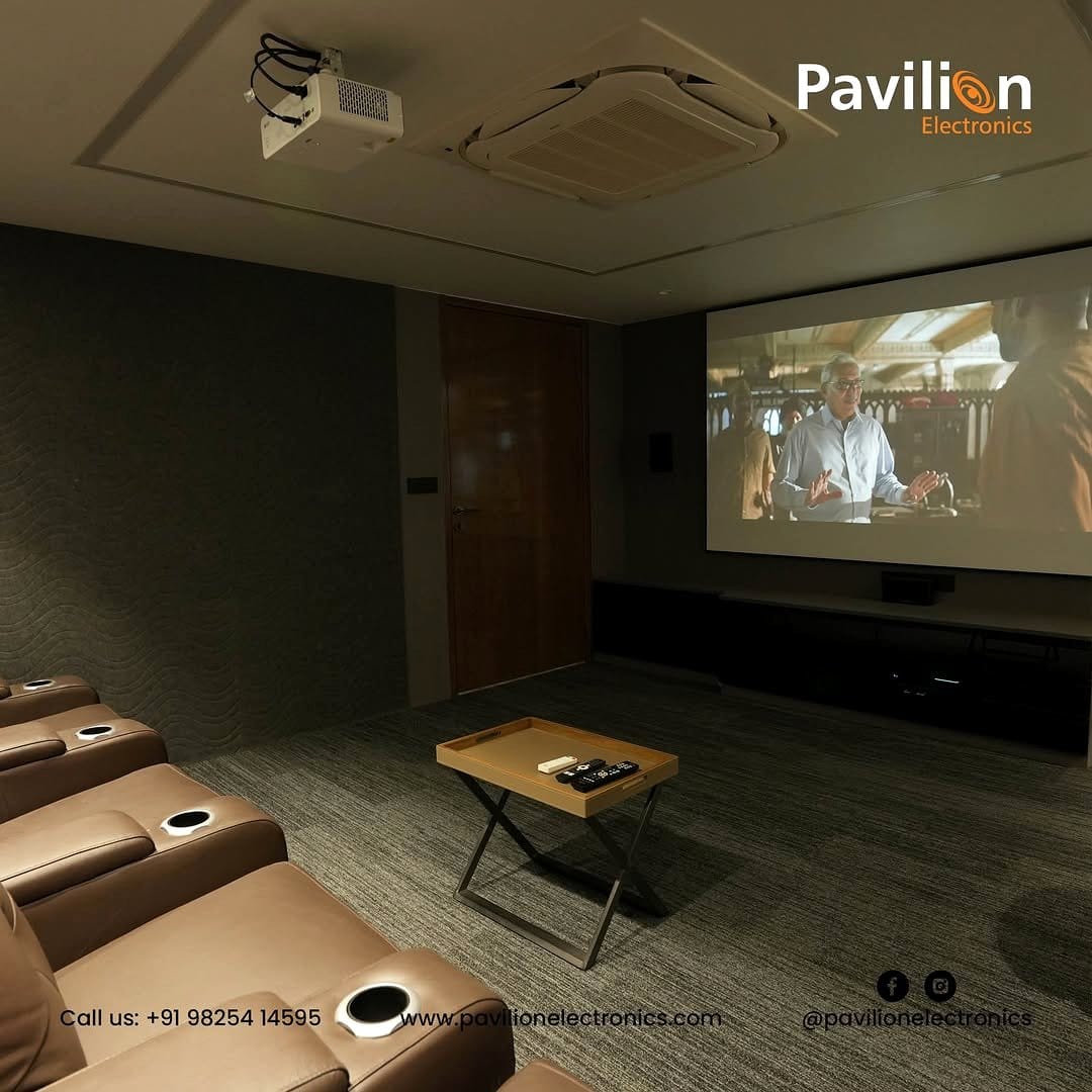 Cozy minimalist home theater with simple seating
