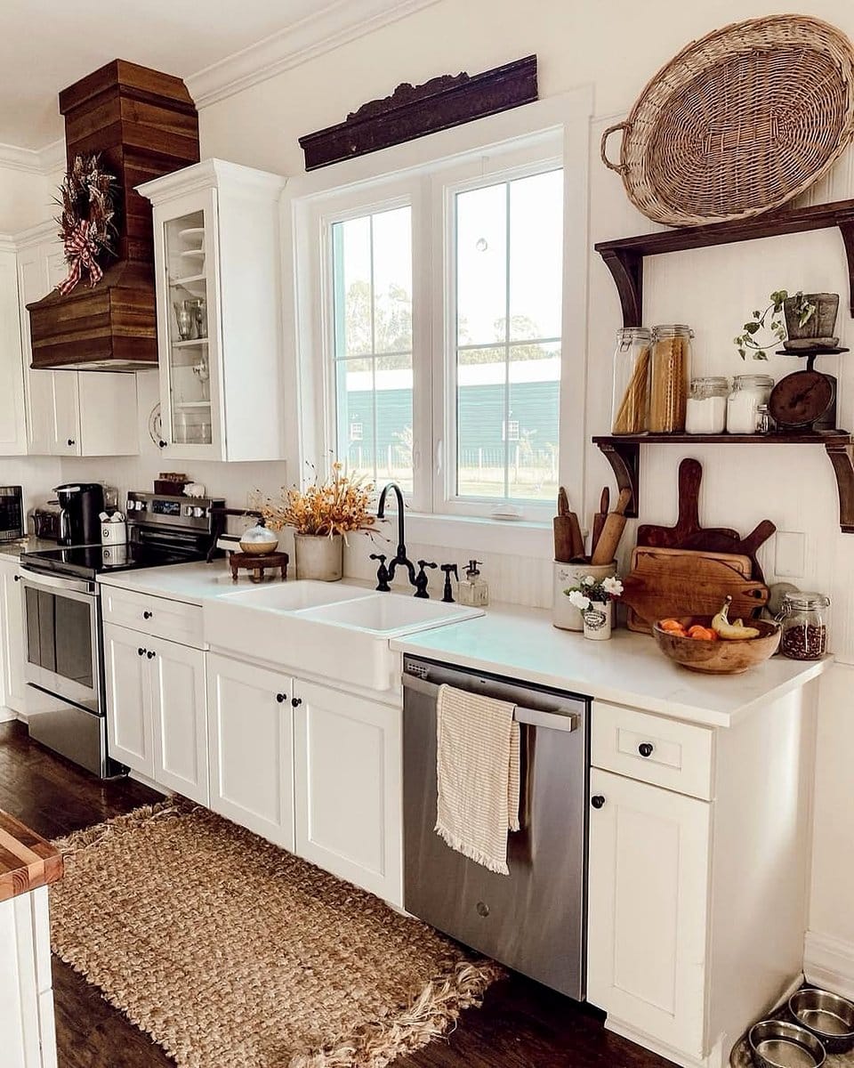 White farmhouse sink in rustic kitchen
