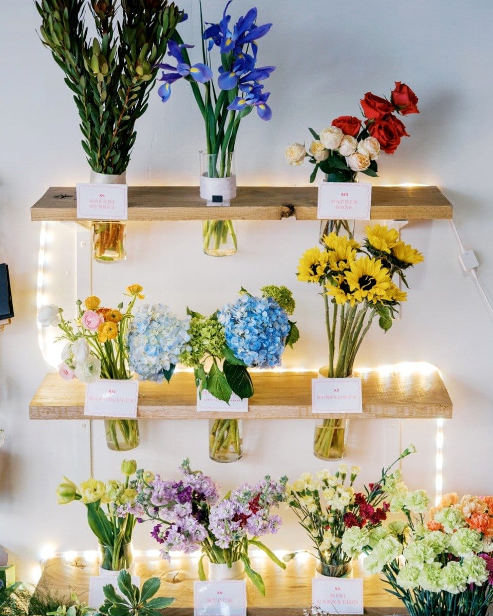 colorful floral arrangement using wall-mounted test tubes